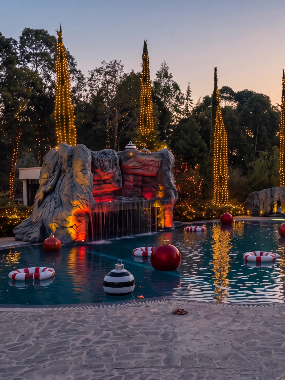 The Grotta pool at dusk, its rock waterfall lit red, cypress trees wrapped in lights and giant baubles floating among swim rings