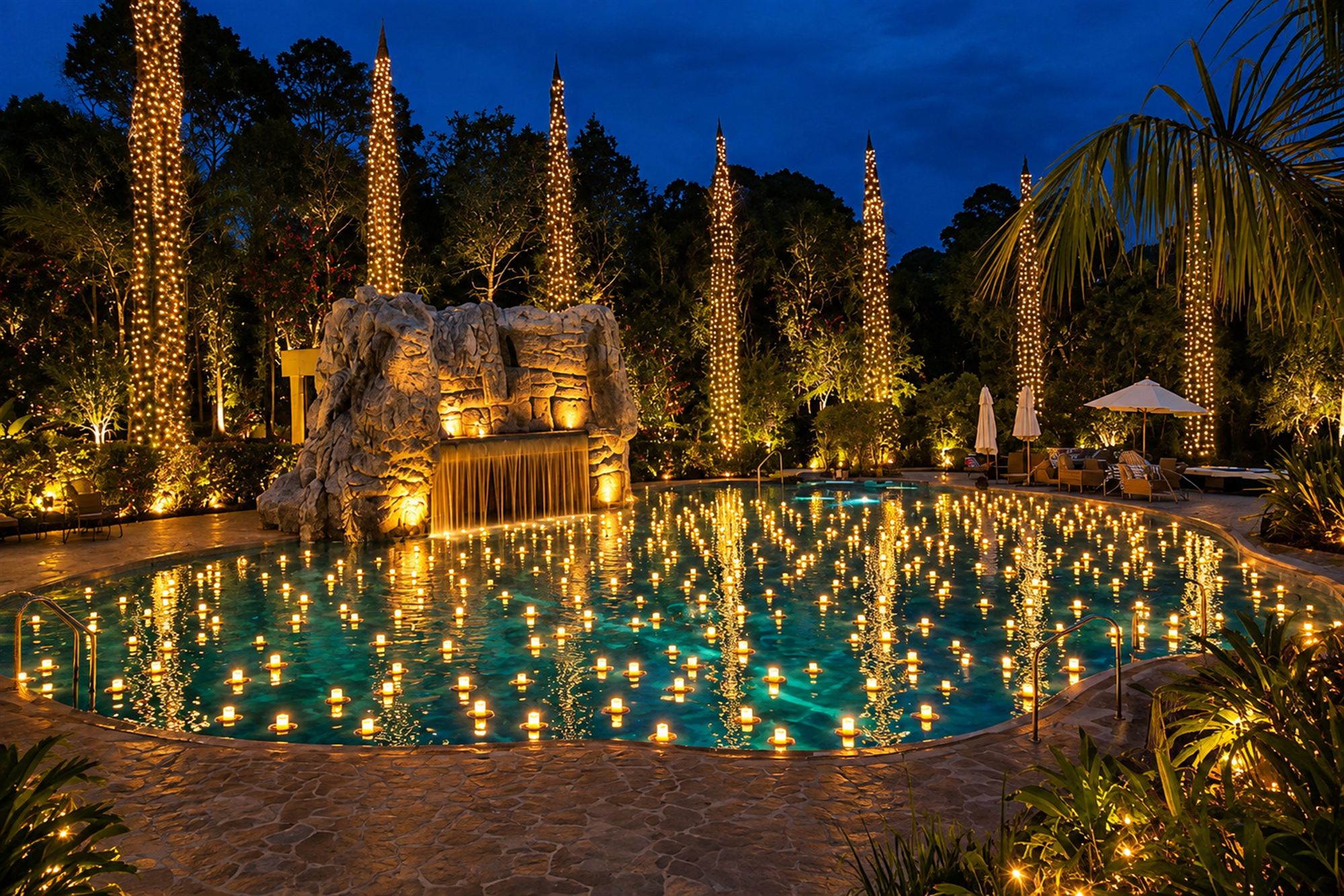 The resort pool glowing with fairy lights and floating candles on a festive evening