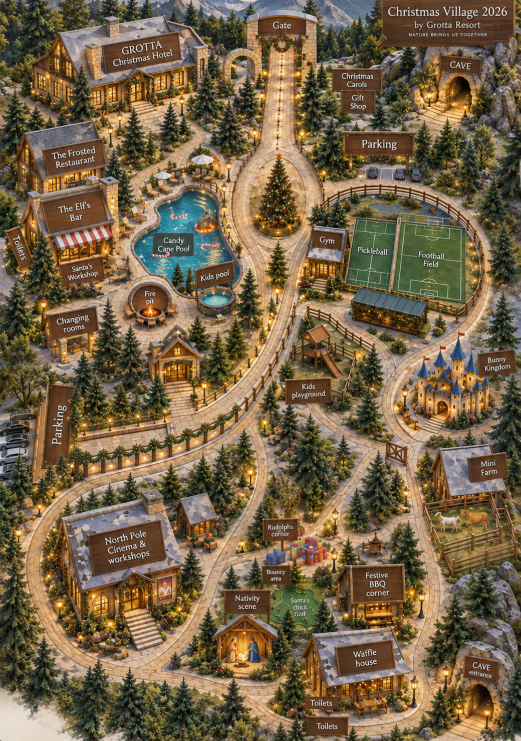 Illustrated map of Grotta Christmas Village 2026, showing the Grotta Christmas Hotel, the Frosted Restaurant and Elf's Bar, the pools, a sports field, a playground, the North Pole Cinema and workshops, a bouncy area and Nativity scene, the food areas, the Mini Farm and Bunny Village, and the cave.